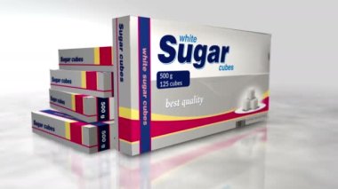 Küp şeker kutusu üretimi. Sağlıksız beslenme biçimi soyut kavram canlandırması. Kamera hareket ederken 3 boyutlu görüntü.