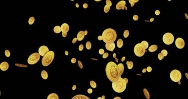 Crypto.com CRO kripto para biriminin altın madeni parası düşüyor. Döndürülebilir dijital arkaplan. İşlem ve engelleme teknolojisinin 3 boyutlu kusursuz döngü kavramı. Dönen altın yağmur soyut animasyon döngüsü.