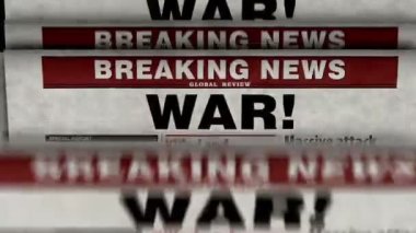 Savaş haberleri, insani kriz ve askeri işgal. Gazete baskısı basın konsepti. Retro 3d canlandırma canlandırması.