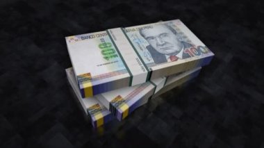 Peru Tabanları para yığını. Peru 'da ekonomi, bankacılık, iş, kriz, durgunluk, borç ve finans konularının kavramı. 100 PEN banknotları 3D animasyon dizer.