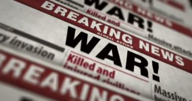 Savaş haberleri, küresel insani kriz ve askeri işgal günlük gazete raporu. Soyut konsept retro 3d pürüzsüz döngü.