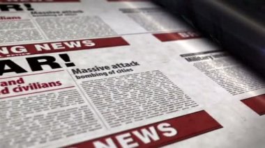 Savaş haberleri, insani kriz ve askeri işgal günlük gazete kağıdı. Soyut konsept 3D renklendirme kusursuz döngülü animasyon.