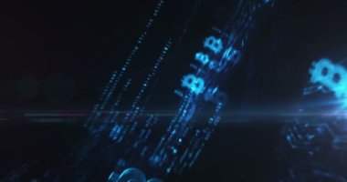 Bitcoin engelleme zinciri merkezi olmayan kripto para birimi ve dijital para madenciliği sembolü soyut siber kavram. Dijital teknoloji arka planı pürüzsüz ve döngüsel dinamik 3D animasyon.