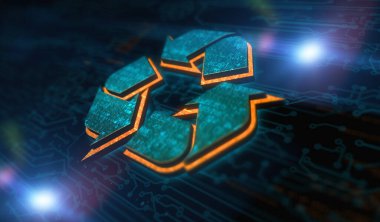 Geri dönüşüm ikonu, atık veri yönetimi ve sürdürülebilir endüstri sembolü dijital kavram. Ağ, siber teknoloji ve bilgisayar arkaplanı soyut 3D resimleme.