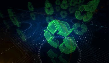 Geri dönüşüm ikonu, atık veri yönetimi ve sürdürülebilir endüstri sembolü dijital kavram. Ağ, siber teknoloji ve bilgisayar arkaplanı soyut 3D resimleme.