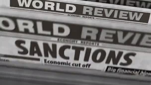 Санкции Экономическая Блокада Политика Эмбарго Ежедневно Печатаются Газетах Абстрактный Концепт — стоковое видео