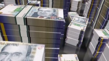 Peru Tabanları para desteleri döngüsü. PEN banknotları üzerinde 3D uçuş kuleleri istifler. Peru 'da iş dünyası, ekonomi krizi ve finans konularında kusursuz bir özgeçmiş kavramı.