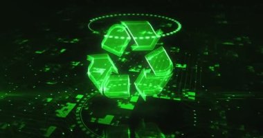 Dijital arkaplanda geri dönüşüm ikonu, ekoloji, atık veri yönetimi ve sürdürülebilir sanayi hologramı sembolü görülüyor. Ağ, siber teknoloji ve bilgisayar soyut konsepti 3D animasyon.