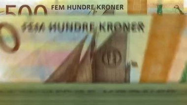 Norveç Kronu para sayma makinesi ve banknotlar. Hızlı NOK para birimi not düşür. Norveç 'te iş ve ekonomi. Kavramsal ve pürüzsüz arkaplan.