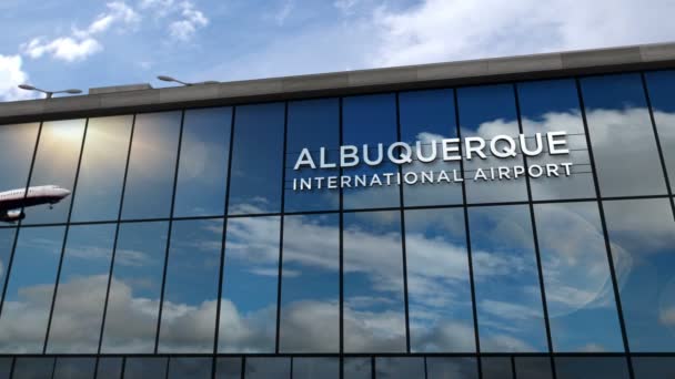アメリカのアルバカーキ ニューメキシコの3Dレンダリングアニメーションでの平面着陸 ガラス空港ターミナルとジェット機の反射で街に到着 交通の概念 — ストック動画