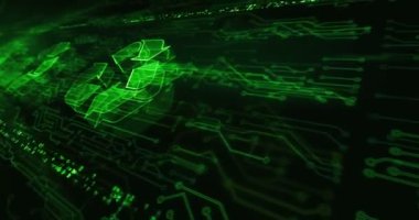 Elektronik devre arka planında geri dönüşüm simgesi, atık veri yönetimi ve sürdürülebilir sanayi hologramı sembolü görülüyor. Teknoloji soyut kavramı 3D pürüzsüz ve döngü animasyonu.