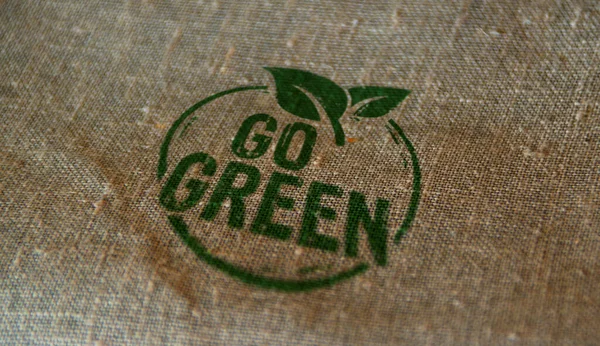 Перейти Зеленый Экологически Чистый Символ Штамп Напечатанный Льняном Мешке Нейтральность — стоковое фото