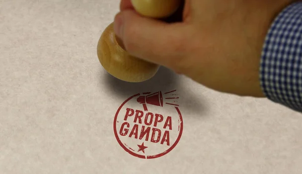 Propaganda stamp and stamping hand. Manipulation, fake news and disinformation concept.