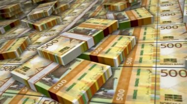 Norveç Crown banknot döngüsü. Tamam para yığını. Norveç 'te iş, ekonomi, bankacılık ve finans kavramı. Para paketlerinin üzerinde kamera var. Döngüsüz 3D canlandırma.