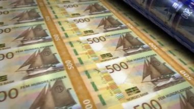 Norveç Kronu para basma makinesi döngüsünü finanse ediyor. Kağıt NOK banknot baskısı 3D döngü kusursuz. Norveç 'te bankacılık, borç, finans, ekonomi ve kriz gibi soyut kavramlar.