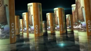 Norveç Crown Rolls 3D animasyon döngüsü. Masada para var. Norveç 'te ekonomi, finans, iş ve ekonomik durgunluk gibi kusursuz ve döngüsüz bir kavram. NOK banknotları arasındaki kamera.