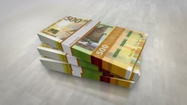 Norveç Kronu para yığını. Norveç 'te ekonomi, bankacılık, iş, kriz, durgunluk, borç ve finans konularının kavramsal geçmişi. 500 NOK banknot yığınları 3D animasyon.