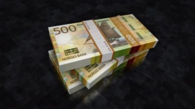 Norveç Kronu para yığını. Norveç 'te ekonomi, bankacılık, iş, kriz, durgunluk, borç ve finans konularının kavramsal geçmişi. 500 NOK banknot yığınları 3D animasyon.