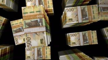 Norveç Kronu para paketi döngüsü. NOK banknotları üzerinden uçuş üst görünümü destekler. Üç boyutlu, kusursuz bir animasyon. Norveç 'te soyut ekonomi, kriz, iş ve finans kavramı.