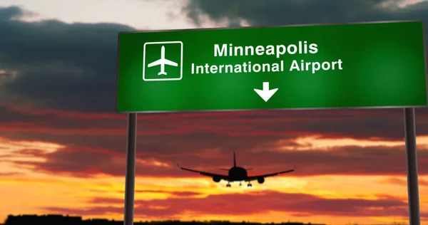 Vliegtuigsilhouet Landing Minneapolis Minnesota Verenigde Staten Aankomst Stad Met Luchthaven — Stockfoto