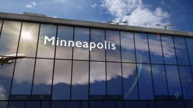Minneapolis, Minnesota 'ya inen uçak 3 boyutlu animasyon yapıyor. Cam havaalanı terminali ve jet uçağının yansımasıyla şehre vardık. Seyahat, turizm ve ulaşım kavramı.