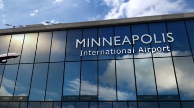 Minneapolis, Minnesota 'ya inen uçak 3 boyutlu animasyon yapıyor. Cam havaalanı terminali ve jet uçağının yansımasıyla şehre vardık. Seyahat, turizm ve ulaşım kavramı.