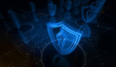 Siber güvenlik, ağ koruması ve dijital kalkan sembollü dijital veri. Ağ, siber teknoloji ve bilgisayar arkaplanı soyut 3D resimleme.