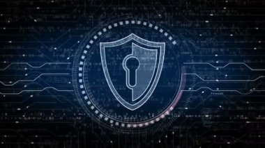 Siber güvenlik, ağ koruması ve soyut kalkan sembollü dijital veri. Ağ, teknoloji ve bilgisayar arkaplanı kusursuz ve döngülü animasyon.