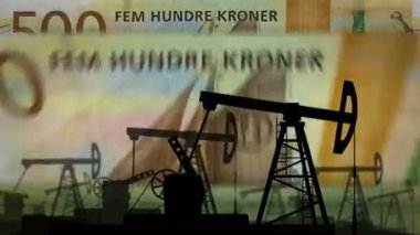 Norveç Krone para sayma makinesi ve yağ pompası. Petrol kulesi ve Norveç banknotları ile yakıt işi sayılır. Ekonomik soyut kavram arka plan canlandırması döngüsel ve pürüzsüz.