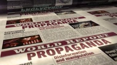 Propaganda, sahte haberler, manipülasyon ve yanlış bilgilendirme günlük gazete raporları. Soyut konsept 3D renklendirme kusursuz döngülü animasyon.