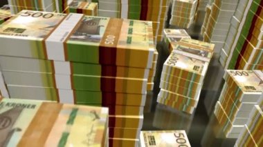 Norveçli Krone para desteleri döngüsü. NOK banknotları üzerinde 3D uçuş kuleleri istifler. Norveç 'te iş dünyası, ekonomi krizi ve finans konularında kusursuz bir özgeçmiş kavramı.
