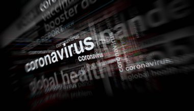 Uluslararası medyada Coronavirus covid salgın krizi ile ilgili manşet haberleri. Ekranlarda yayınlanan internet haber başlıklarının soyut konsepti 3D illüstrasyon.