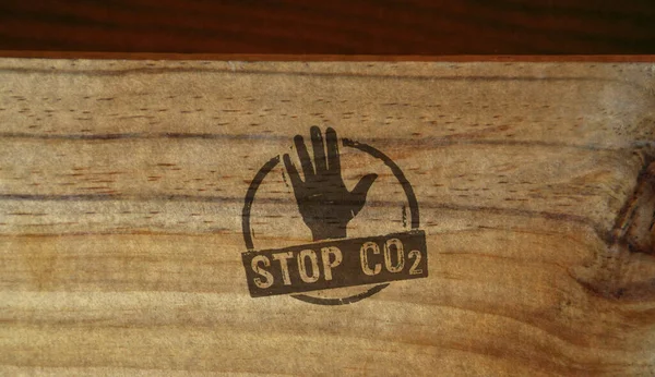 Stop Co2 Co2 Neutrale Stempel Gedrukt Houten Doos Ecologisch Milieu — Stockfoto