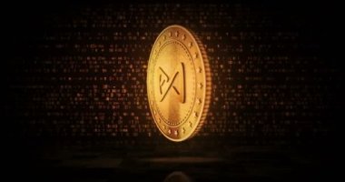 Axie AXS sonsuzluk, çevrilebilir dijital arkaplanda oyun kripto altın sikkesi. Üç boyutlu kusursuz döngü konsepti. Dönen altın metal döngüsü soyut animasyon.