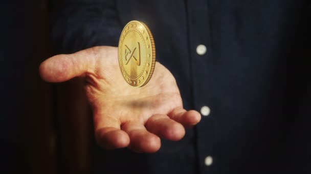 Axie Axs无限 游戏加密货币旋转3D硬币悬停在手上 手握金色标志的商人在手上飘浮 Fintech无缝循环抽象概念 — 图库视频影像