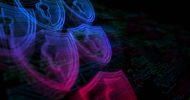 Elektronik Devre Arka Planında Siber Güvenlik Koruması Kalkan Hologram Sembollü — Stok video