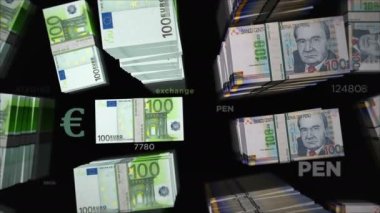 Euro ve Peru Sol para değişimi. Kağıt banknotlar tomar tomar. Ticaret, ekonomi, rekabet, kriz, bankacılık ve finans kavramı. Döngüsüz 3D canlandırma notaları.