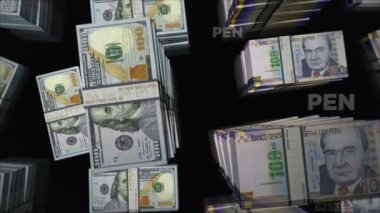 Amerikan Doları ve Peru Sol para değişimi. Banknotlar tomar tomar. Ticaret, ekonomi, rekabet, kriz, bankacılık ve finans kavramı. Döngüsüz 3D notalar.