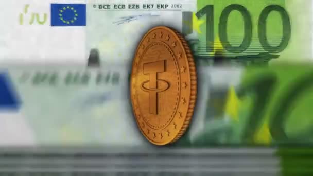 Tether Cryptocurrency Usdt Golden Coins 100 Euro Banknotes Note Counting — Stock Video