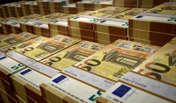 ユーロマネーパック3Dイラスト 50ユーロ紙幣バンドルスタック インフレ 経済危機 ビジネスの成功 負債の概念 欧州連合のユーロ圏 — ストック写真