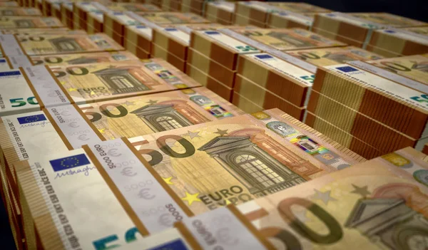 ユーロマネープリント3Dイラスト 50ユーロ紙幣印刷 経済危機 ビジネスの成功 負債の概念 欧州連合のユーロ圏 — ストック写真