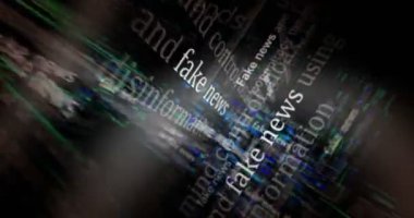 Haber başlıkları uluslararası medyada sahte haberler ve sahte bilgilerle yer alıyor. Soyut konsept döngü gösterir. Ekranlar arasındaki dinamik uçuş arızasız ve döngülü 3d.