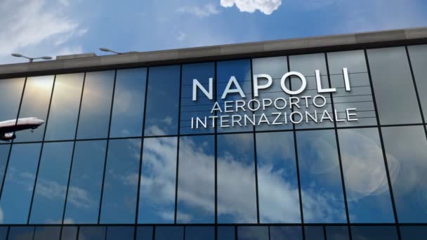 Napoli Napoli Jet Uçağı Iniyor Animasyon Yapıyor Cam Havaalanı Terminali — Stok video
