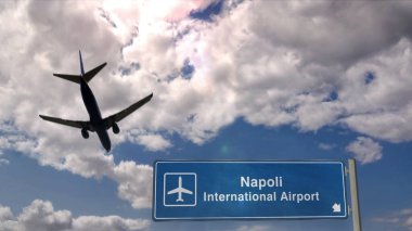 Napoli, Napoli, İtalya 'ya inen uçak silueti. Uluslararası havaalanı yön tabelasıyla ve mavi gökyüzüyle şehir gelişi. Seyahat, seyahat ve ulaşım konsepti 3D illüstrasyon.