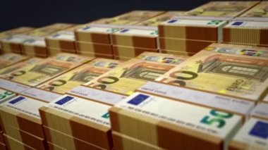 Avro banknot büyümesi döngüsü. 50 Avro para yığını. Nakit enflasyon, kriz, bankacılık, iş, başarı, durgunluk, ekonomi, banka, borç ve finans kavramı. Döngüsüz 3D canlandırma.