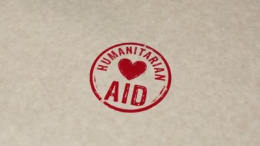 İnsani yardım damgası ve el damgası çarpışma animasyonu. Mültecilere yardım, 3D krizi sırasında gönüllülük ve kurtarma kavramları.