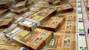 Euro banknot döngüsü. 50 Avro para yığını. Avrupa 'da kriz, bankacılık, ticaret, başarı, ekonomi, banka, borç ve finans kavramı. Para paketlerinin üzerinde kamera var. Döngüsüz 3D canlandırma.
