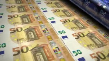 Euro para banknotları rulo makinası. Kağıt EUR banknot baskısı 3D döngü pürüzsüz. Avrupa 'da bankacılık, borç, gelir, finans, AB ekonomisi ve kriz gibi soyut kavramlar.