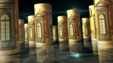 Euro ruloları 3D animasyon döngüsü. Masada para var. Banknotlar arasında bir kamera var. AB 'de ekonomi, finans, nakit, iş başarısı, durgunluk ve borç gibi kusursuz ve döngüsüz soyut kavramlar.