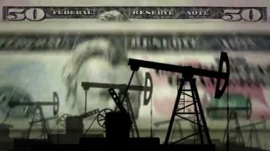 Petrol pompalı 50 dolarlık para sayma makinesi. Petrol kuyusu ve yakıt ve banknotlar dahil olmak üzere enerji işi. Ekonomik soyut kavram arka plan döngüsü ve pürüzsüz 3D animasyon.